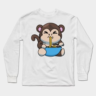Anime Kawaii Ramen Eating Monkey Japanese Noodles Long Sleeve T-Shirt